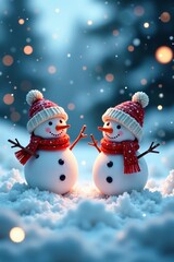 Fototapeta premium Tiny snowmen in a blanket of falling snowflakes, icy ground, frosty atmosphere, wintertime