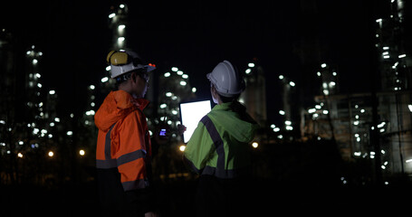 Obraz premium The night shift industrial engineering team discusses a plan using a digital tablet before starting their shift at the oil refinery, all while wearing safety equipment suits.