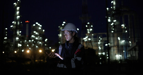 A female chemical worker in safety gear uses a digital tablet at a brightly lit refinery at night