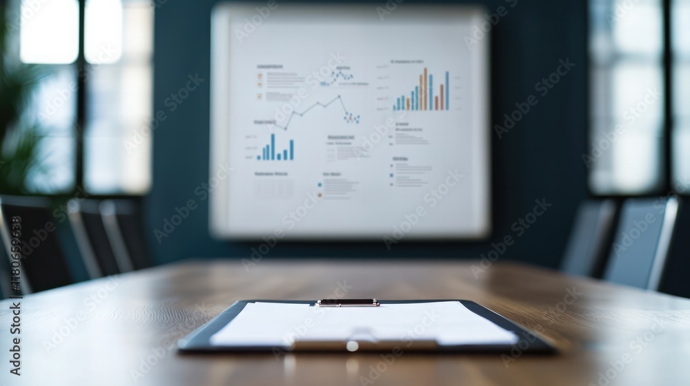 Poster a modern conference room with a wooden table, featuring a clipboard and a digital display showing va