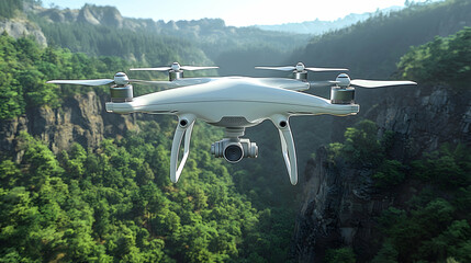 Drone aerial photography, mountainous landscape, green forest valley, surveying.
