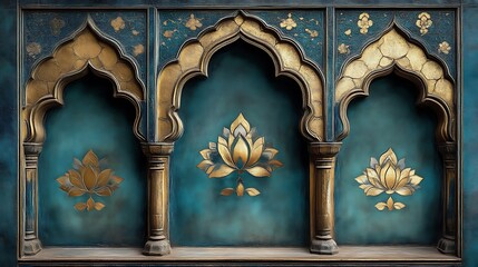 Fototapeta premium Ornate Teal Panel With Golden Arches And Lotus Flowers
