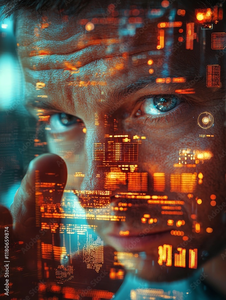 Poster intense focus on digital interface with futuristic data visualization and abstract background