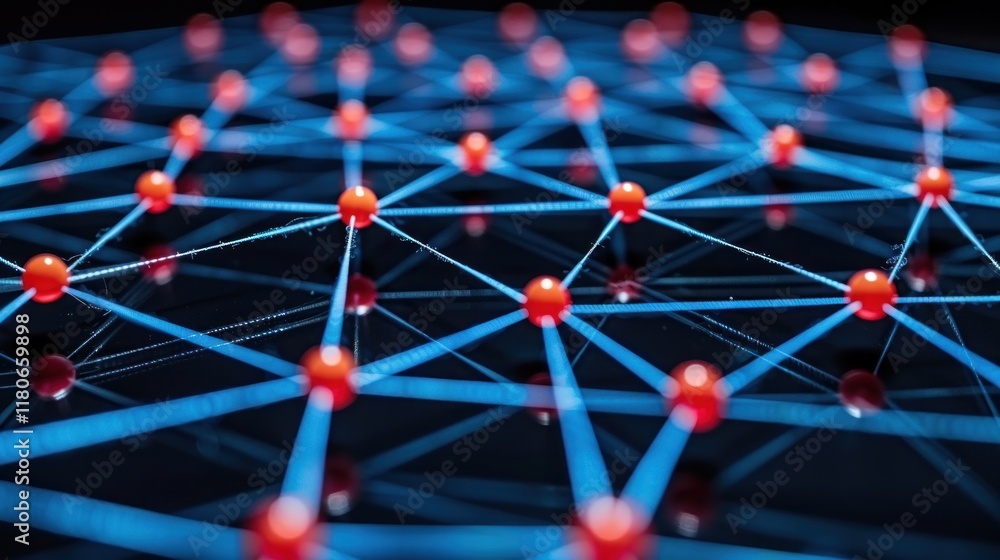 Poster abstract network connection: interconnected red nodes and blue lines
