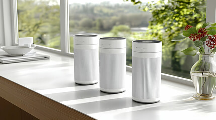 Modern white air purifiers on a windowsill, natural light, plants and flowers in background.  Possible use Home appliance product photography.