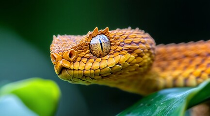 Obraz premium Close-up of a vibrant orange snake's head and part of its body, resting on a green leaf.