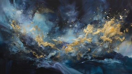 Obraz premium A delicate abstract painting with flowing, translucent layers that resemble a cosmic veil. Colors shift from midnight blue to brilliant gold and silver, accentuated by swirling galaxies and sparkling 