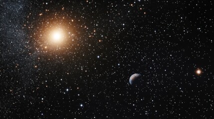 A stunning cosmic scene featuring stars, a bright celestial body, and a distant planet.