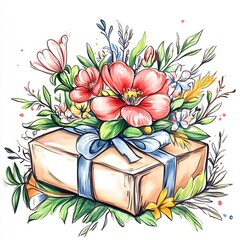 Vibrant Watercolor Illustration: Beautifully Illustrated Gift Box Adorned with Delicate Flowers. AI Generated