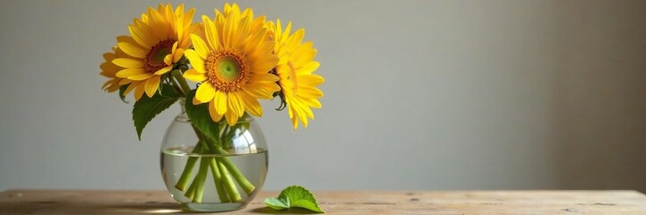 Yellow sunflowers in a large clear glass vase on a wooden table, large, , sunflowers