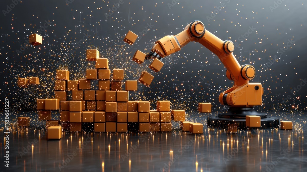 Poster robotic arm manipulating golden cubes in a dark setting