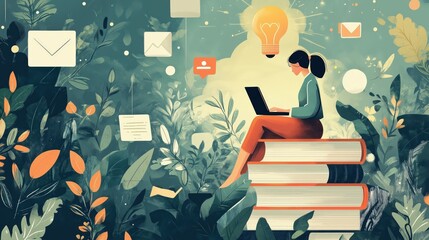  Woman Working on Laptop Amid Creative Floral Elements