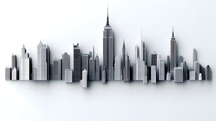 Monochromatic cityscape skyline model against white background.