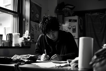 A person focused on writing in a cluttered indoor space.