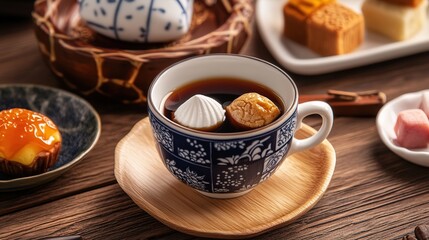 A Cup of Coffee with a Glass of Delahua, Accompanied by Refreshments, Small Desserts, and Flowers. A Delightful Scene of Leisure and Enjoyment.