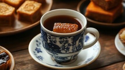 A Cup of Coffee with a Glass of Delahua, Accompanied by Refreshments, Small Desserts, and Flowers. A Delightful Scene of Leisure and Enjoyment.