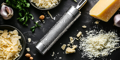 Fresh Cheese and Garlic Setup, Cheese and Garlic Mix"
"Fresh Ingredients Scene"
"Grated Cheese and Spices"
"Cooking Essentials Display"
"Garlic and Cheese Prep"
"Flavorful Cooking Setup"