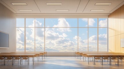 Fototapeta premium Modern classroom with large windows offering a scenic view.