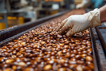 Workers sort freshly processed coffee beans on conveyor belts, ensuring quality and selection. Generative AI
