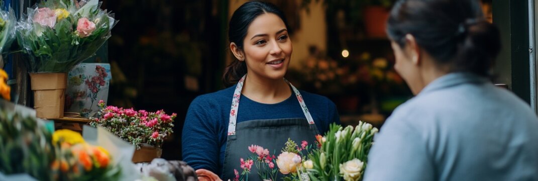 Florist assisting customer, choosing flowers.