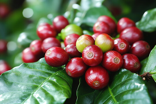 Ripe coffee cherries are clustered together on vibrant green foliage under warm sunlight. Generative AI