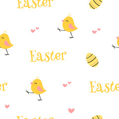 Easter pattern with different characters and other elements. Easter bunny, chicks, eggs and flowers, sheep, basket with eggs. Vector illustration.