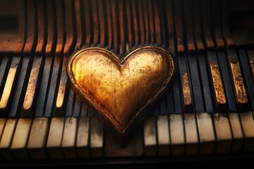 Golden Heart Rests on Old Piano Keys