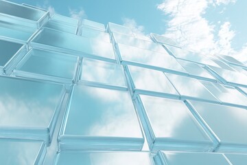 Obraz premium Abstract blue glass cubes reflecting sky and clouds.