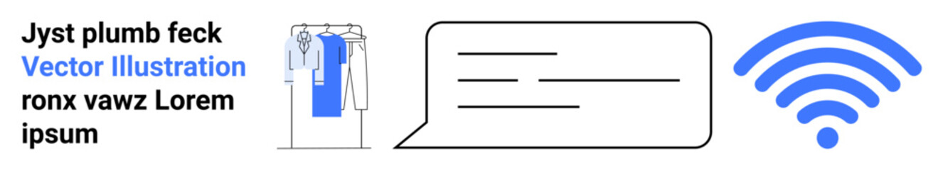 Text block with placeholder text, clothing on rack icon, speech bubble for announcements, and wireless symbol indicating wireless communication. Ideal for retail, digital commerce, communication