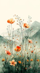 Obraz premium Serene Landscape with Orange Poppies and Soft Misty Mountains in the Background