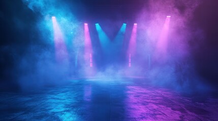 Neon stage lights illuminate smoky dark floor