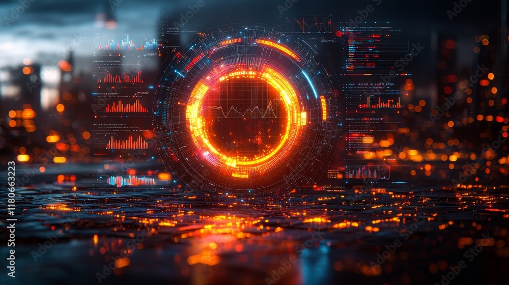 Poster futuristic glowing digital interface with data visualization in a sci-fi environment
