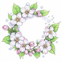 Delicate Spring Blossom Wreath: Hand-Drawn Illustration in Vibrant Style. AI Generated