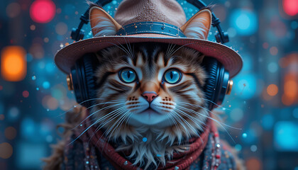 portrait of cat wearing hat and headphone with generative ai