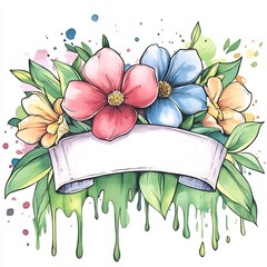 Vibrant Floral Illustration: Hand-Drawn Bouquet with Dripping Banner. AI Generated