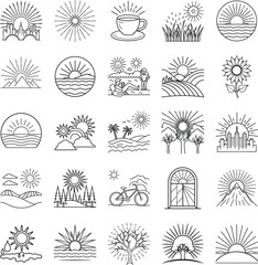 Sunrise, Sunset, Nature, City, Line Art, Icons, Sun, Design, Minimalist, Illustrations