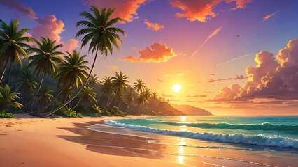 Fototapeta premium Tropical beach at sunset with palm trees and golden sky reflecting on peaceful ocean
