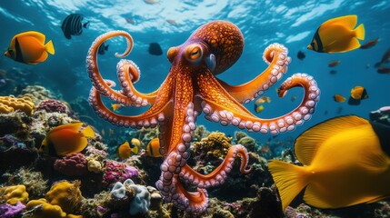 Obraz premium Vibrant octopus in coral reef with fish. Perfect for marine life, ocean, or wildlife documentaries and websites.