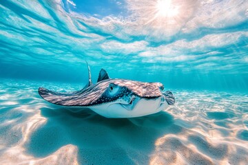 Fototapeta premium A stingray glides effortlessly over a sandy ocean floor, surrounded by sunlight filtering through turquoise waters, creating a breathtaking underwater landscape