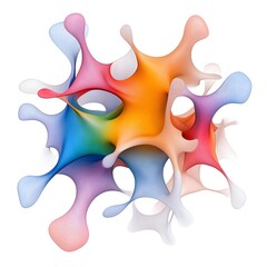 This image showcases a dynamic, 3D abstract design featuring interconnected blob-like shapes in a spectrum of colors.