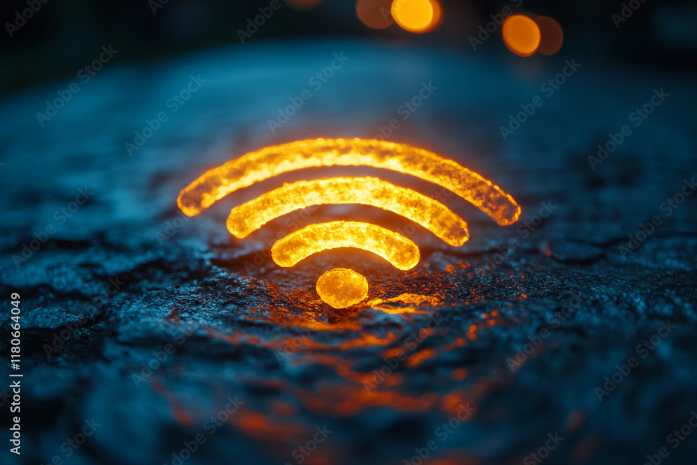 Poster glowing wifi symbol appears on a wet surface reflecting soft lights from the city at night. generati