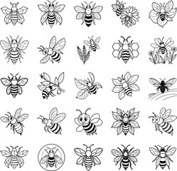 TwentyFive Adorable Bee Illustrations Honeycomb, Flowers, Nature