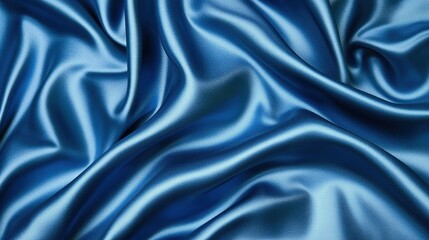 Obraz premium Beautiful Dark Blue Silk Satin Background with Soft Folds on Shiny Fabric. Luxury Background with Space for Design. Web Banner. Flat Lay, Table Top View.