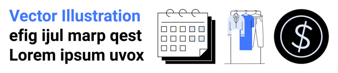 Simple design with calendar, clothing rack, and dollar circle icon. Ideal for scheduling, retail, commerce, finance, time management e-commerce budgeting. Landing page
