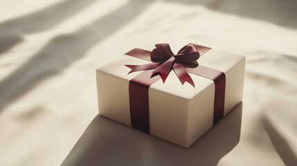 Elegant cream gift box with maroon ribbon bow, sunlit.
