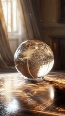 Crystal ball on a wooden table in a room with a window.
