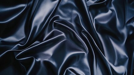 Obraz premium Beautiful Dark Blue Silk Satin Background with Soft Folds on Shiny Fabric. Luxury Background with Space for Design. Web Banner. Flat Lay, Table Top View.