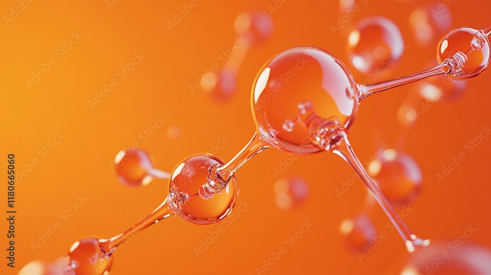 Poster abstract 3d rendering of translucent spheres connected by rods against an orange background, represe