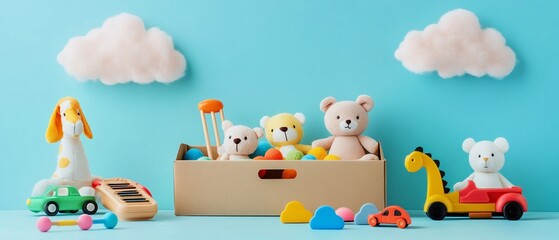 Obraz premium Colorful toys in cardboard box, pastel background.