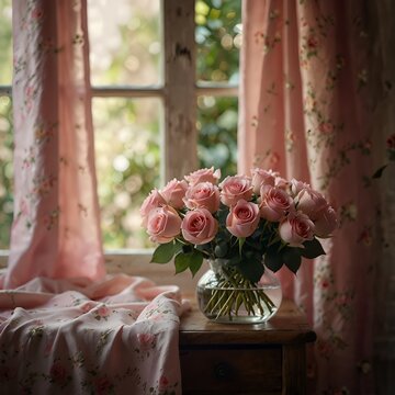 pink curtains and pink roses in av ase